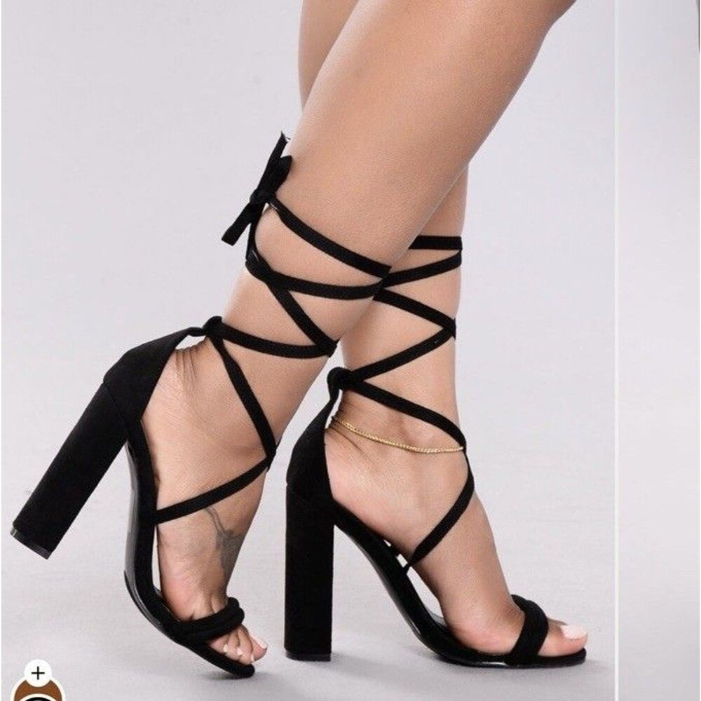 Fashion Nova Strappy Lace Up Block Heels Black Party Club Shoes Size 8